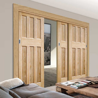 Image: Three Sliding Doors and Frame Kit - DX 60's Nostalgia Oak Panel Door - Unfinished