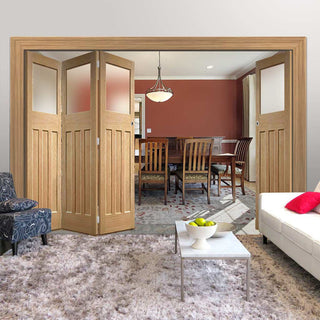 Image: Four Folding Doors & Frame Kit - 1930's Oak Solid 3+1 - Frosted Glass - Unfinished