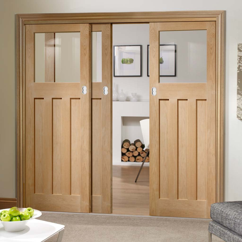 Bespoke Thruslide DX Oak 1930's Glazed - 3 Sliding Doors and Frame Kit