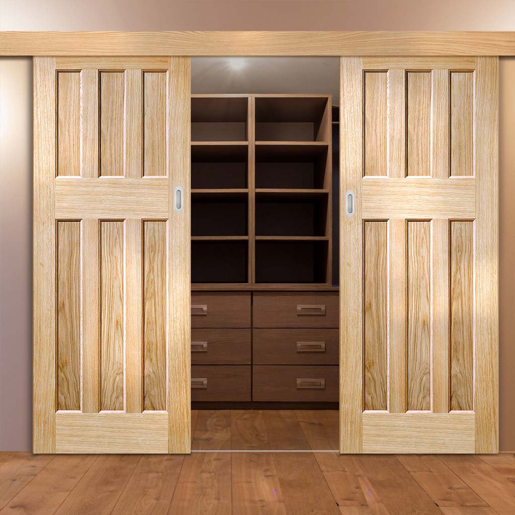 Double Sliding Door & Wall Track - DX 60's Nostalgia Oak Panel Doors - Unfinished