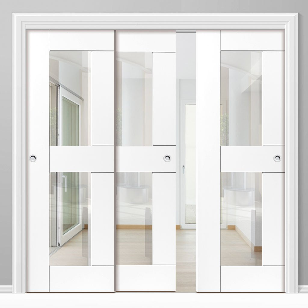 Three Sliding Doors and Frame Kit - Eccentro White Primed Door - Clear Glass