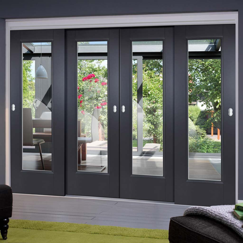 Four Sliding Doors and Frame Kit - Eindhoven Black Primed Door - Clear Glass - Unfinished