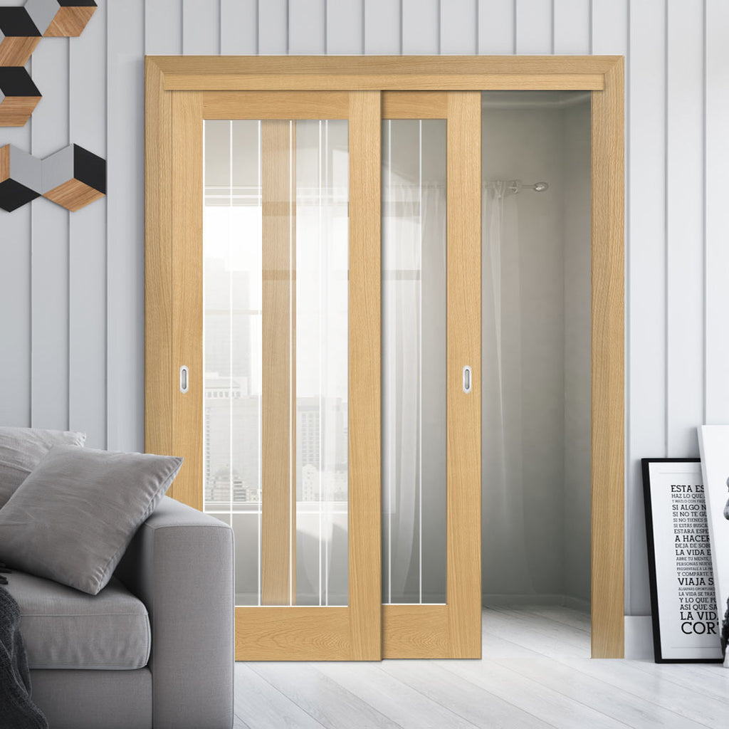 Pass-Easi Two Sliding Doors and Frame Kit - Ely 1L Full Pane Oak Door - Clear Etched Glass - Prefinished