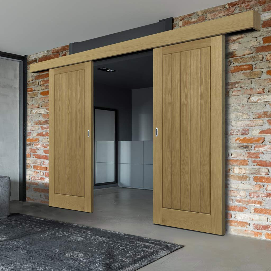 Double Sliding Door & Wall Track - Ely Oak Door - Unfinished