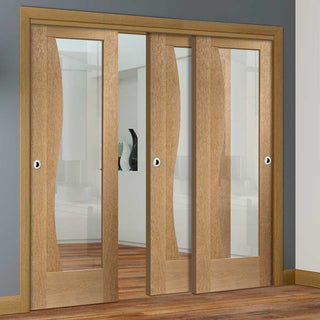 Image: Bespoke Thruslide Emilia Oak Glazed - 3 Sliding Doors and Frame Kit - Stepped Panel Design