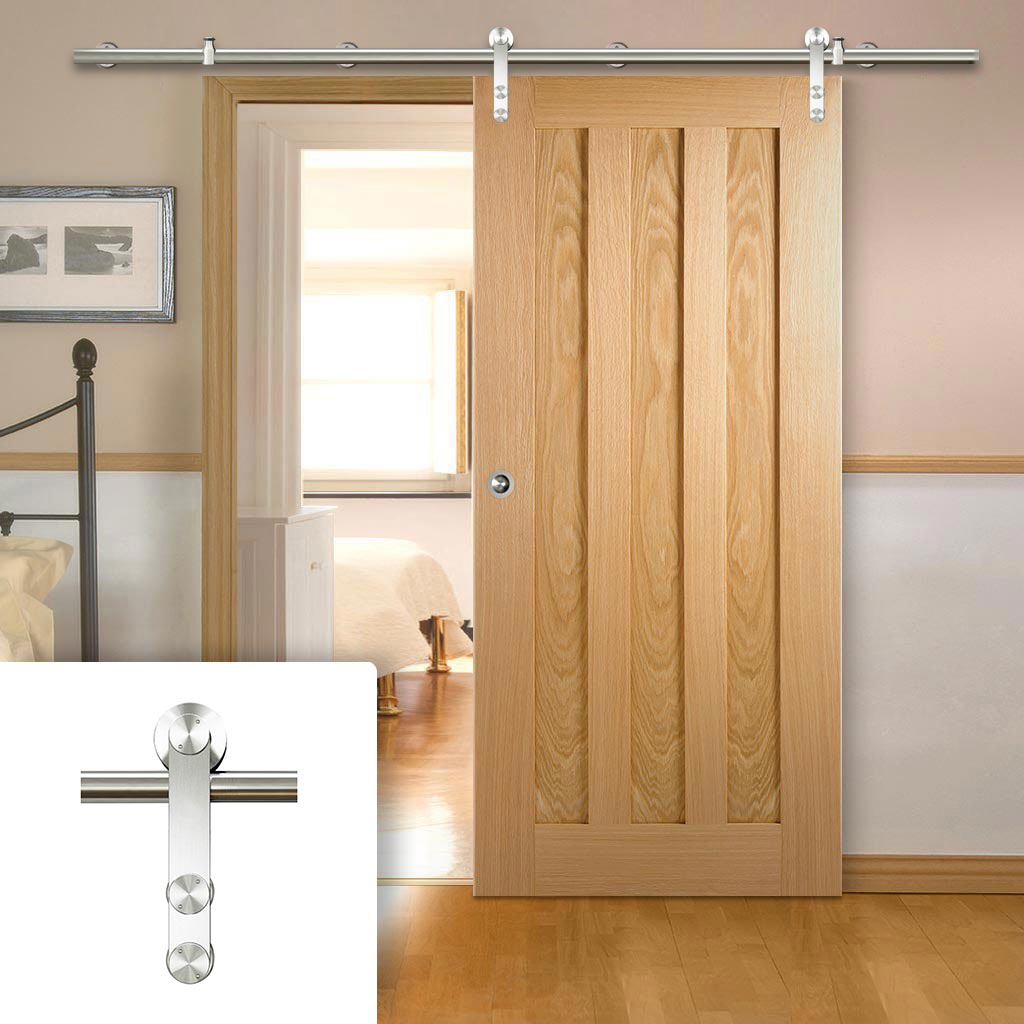 Saturn Tubular Stainless Steel Sliding Track & Idaho 3 Panel Oak Door - Unfinished