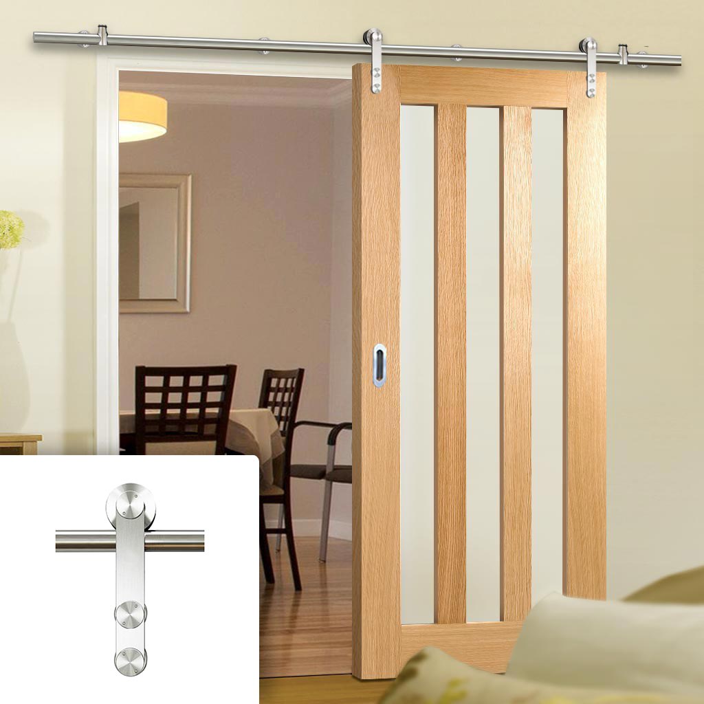 Saturn Tubular Stainless Steel Sliding Track & Utah 3 Pane Oak Door - Frosted Glass - Prefinished