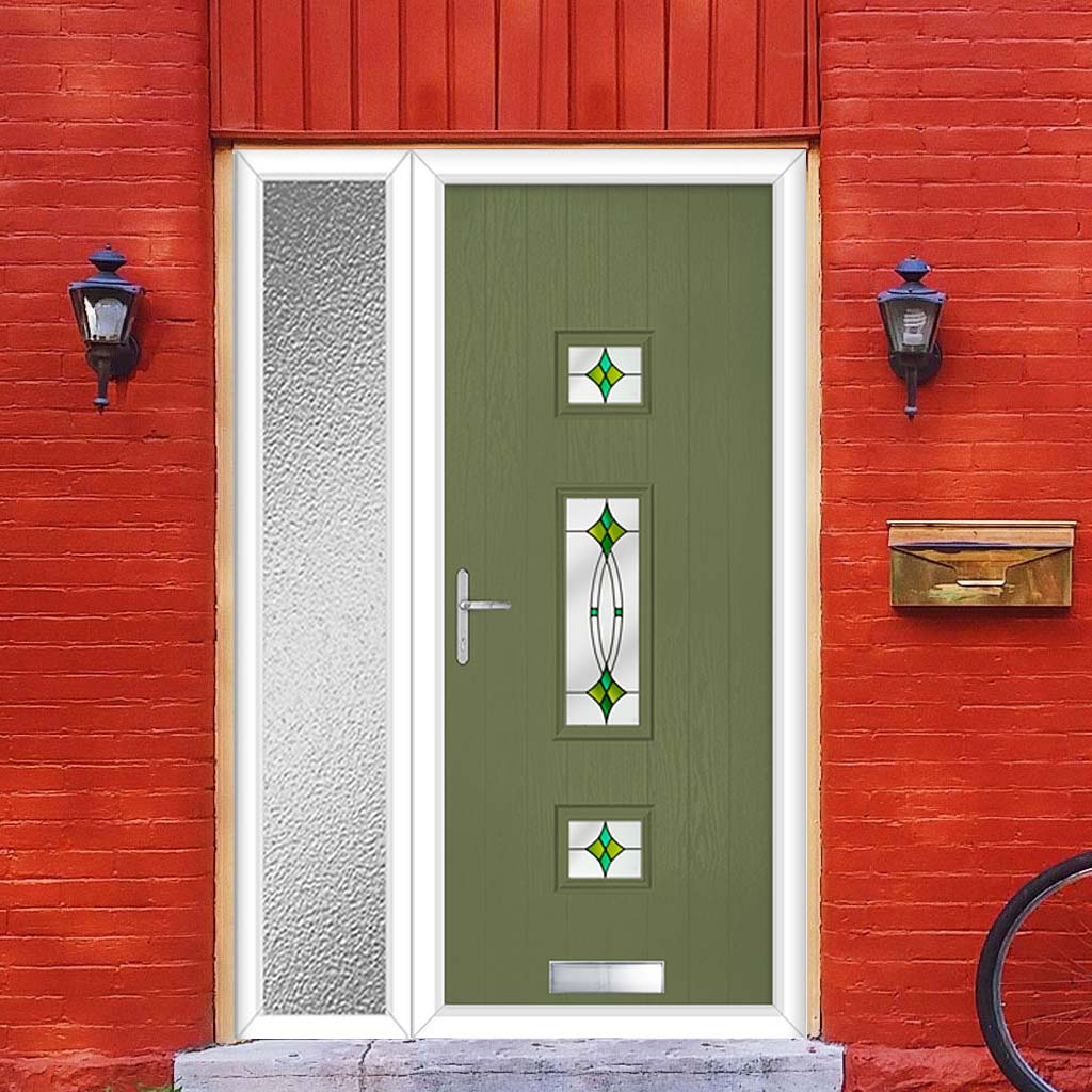 Cottage Style Firenza 3 Composite Front Door Set with Single Side Screen - Hnd Laptev Green Glass - Shown in Reed Green