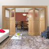 Five Folding Doors & Frame Kit - 1930's Oak Solid 3+2 - Frosted Glass - Unfinished