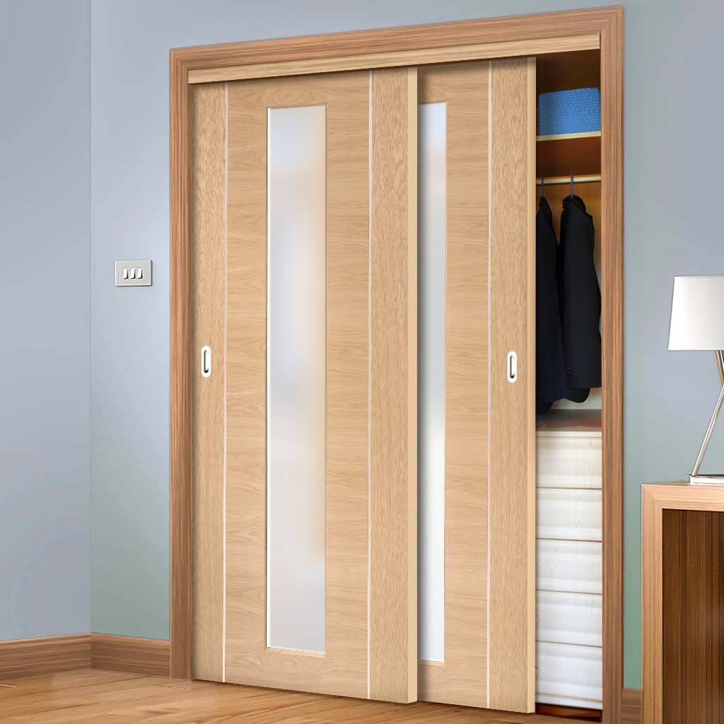 Bespoke Thruslide Forli Oak Glazed 2 Door Wardrobe and Frame Kit - Aluminium Inlay - Prefinished