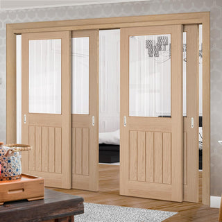 Image: Pass-Easi Four Sliding Doors and Frame Kit - Belize Oak Door - Silkscreen Etched Clear Glass - Unfinished