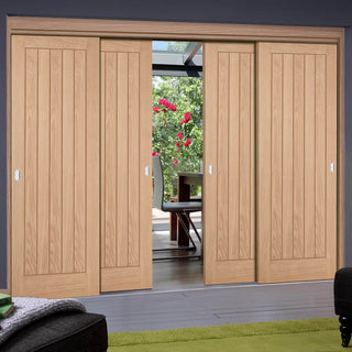 Image: Pass-Easi Four Sliding Doors and Frame Kit - Belize Oak Door - Unfinished