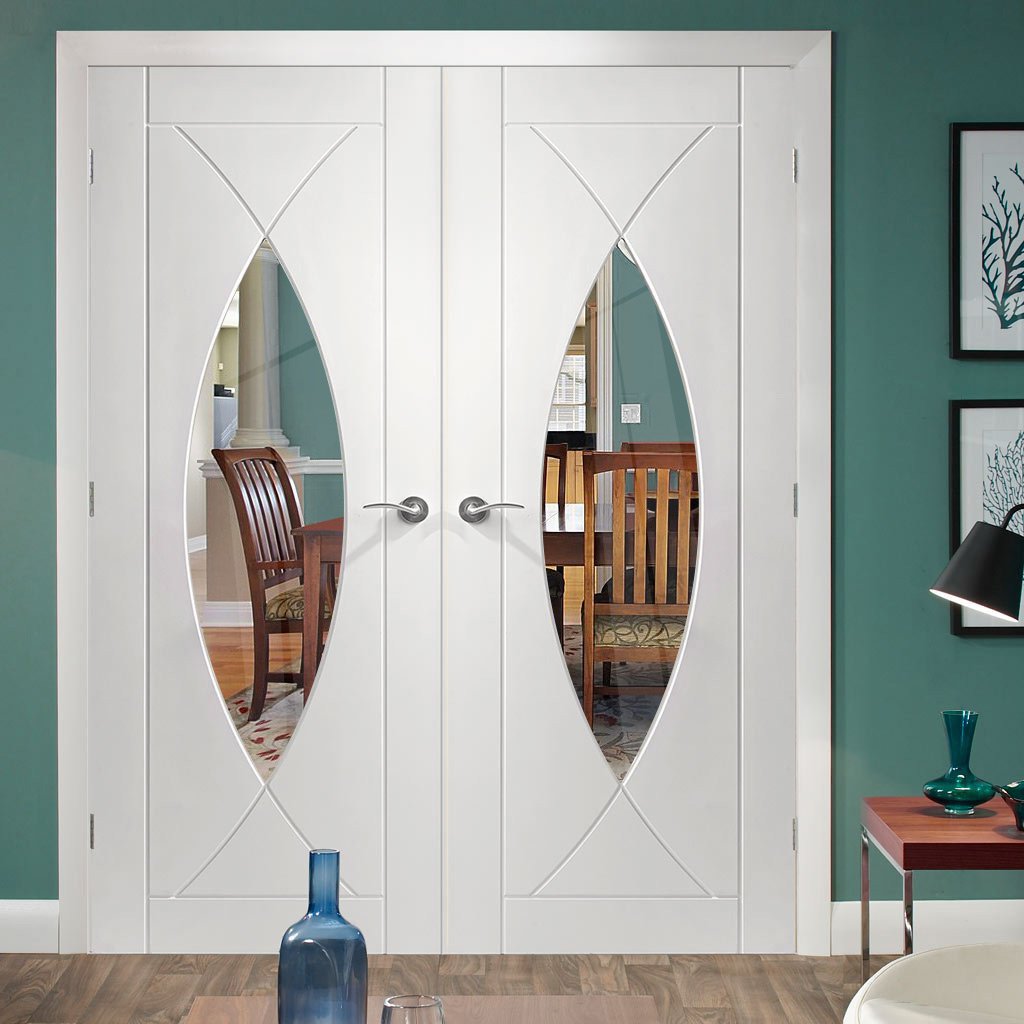 Pesaro Flush Door - White Primed Pair - Clear Glass