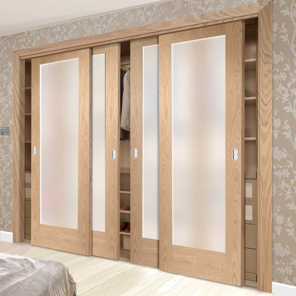 Four Sliding Wardrobe Doors & Frame Kit - Pattern 10 Oak Shaker Door - Obscure Glass - Prefinished