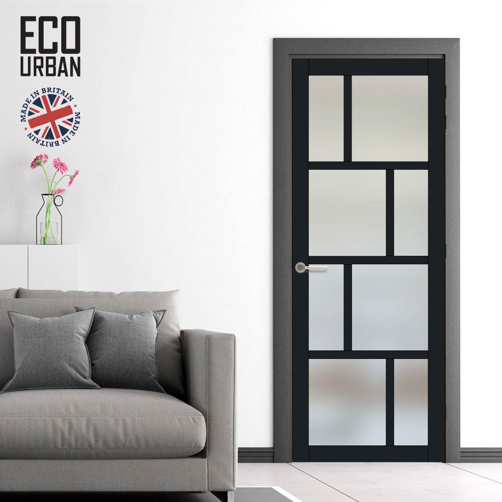 Handmade Eco-Urban Kochi 8 Pane Solid Wood Internal Door UK Made DD6415SG Frosted Glass - Eco-Urban® Shadow Black Premium Primed