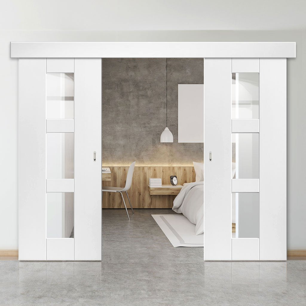 Double Sliding Door & Wall Track - Geo White Primed Doors - Clear Glass