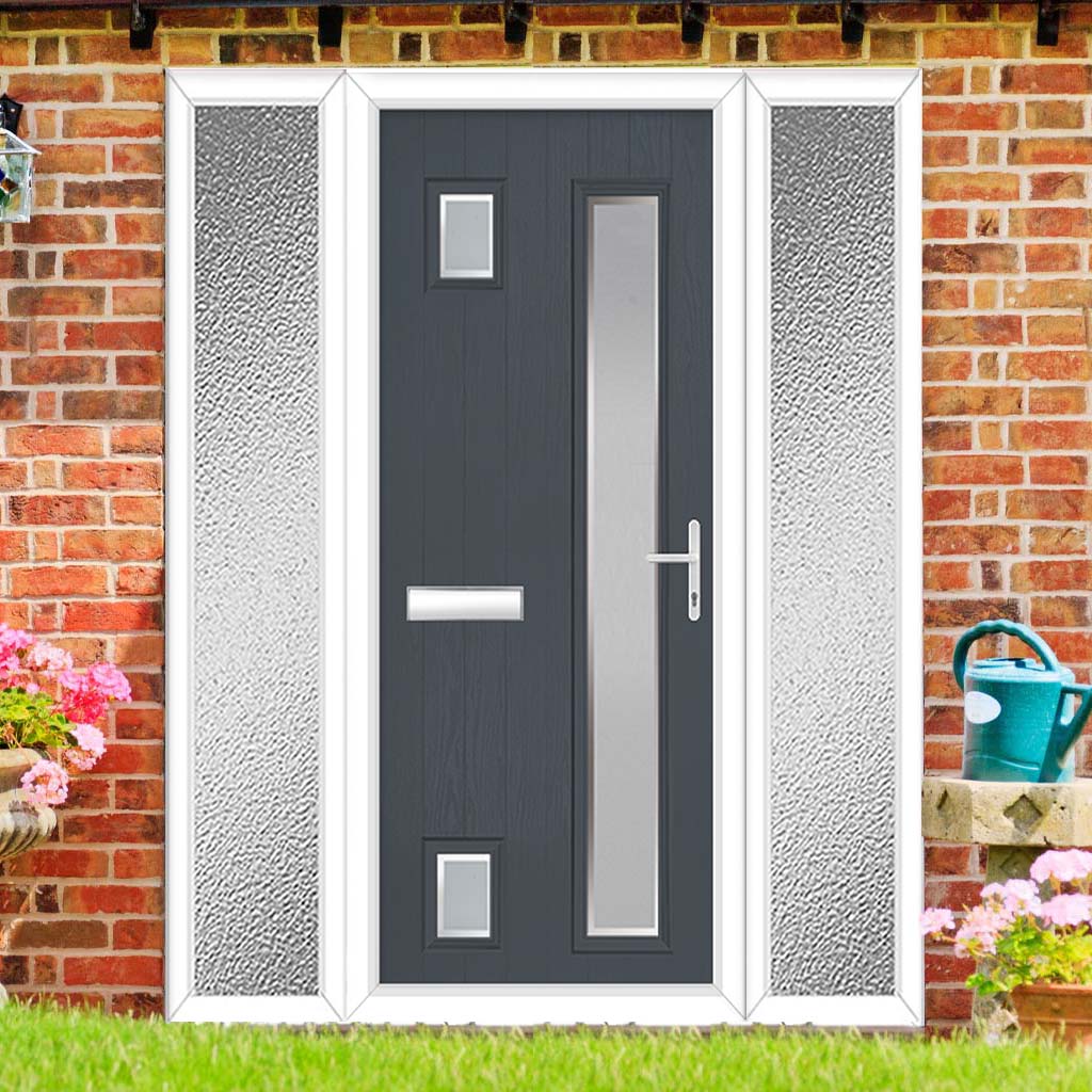 Cottage Style Hansa 3 Composite Front Door Set with Double Side Screen - Hnd Ice Edge Glass - Shown in Slate Grey