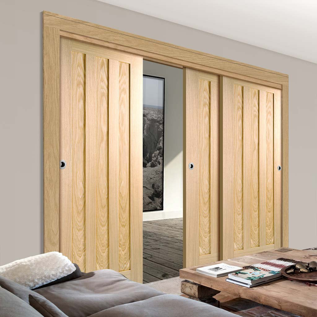 Three Sliding Doors and Frame Kit - Idaho 3 Panel Oak Door - Unfinished