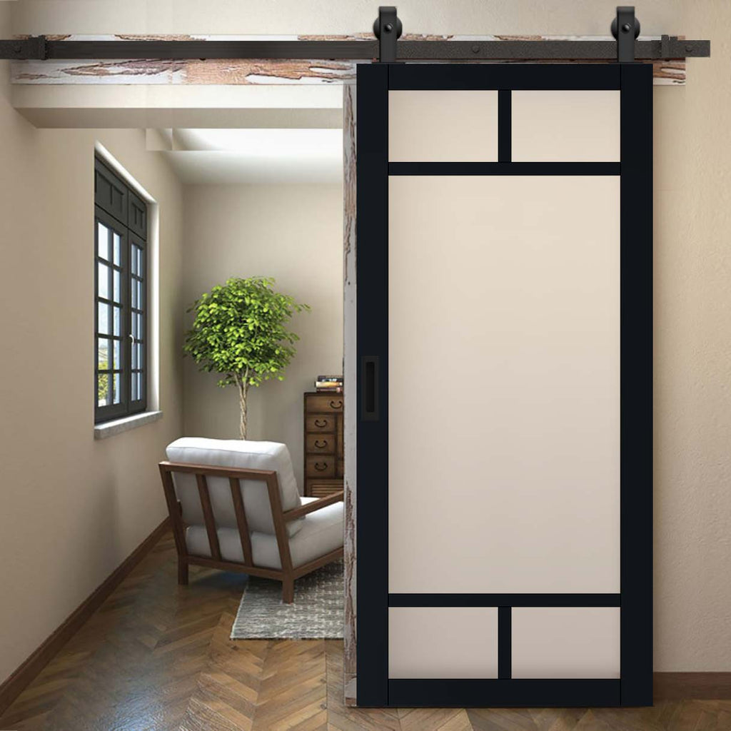 Top Mounted Black Sliding Track & Solid Wood Door - Eco-Urban® Sydney 5 Pane Solid Wood Door DD6417SG Frosted Glass - Shadow Black Premium Primed