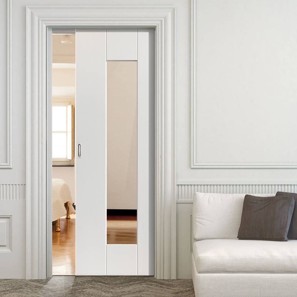 Axis Single Evokit Pocket Door - Clear Glass - White Primed