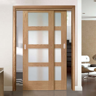 Image: Pass-Easi Two Sliding Doors and Frame Kit - Shaker Oak 4 Pane Door - Obscure Glass - Prefinished