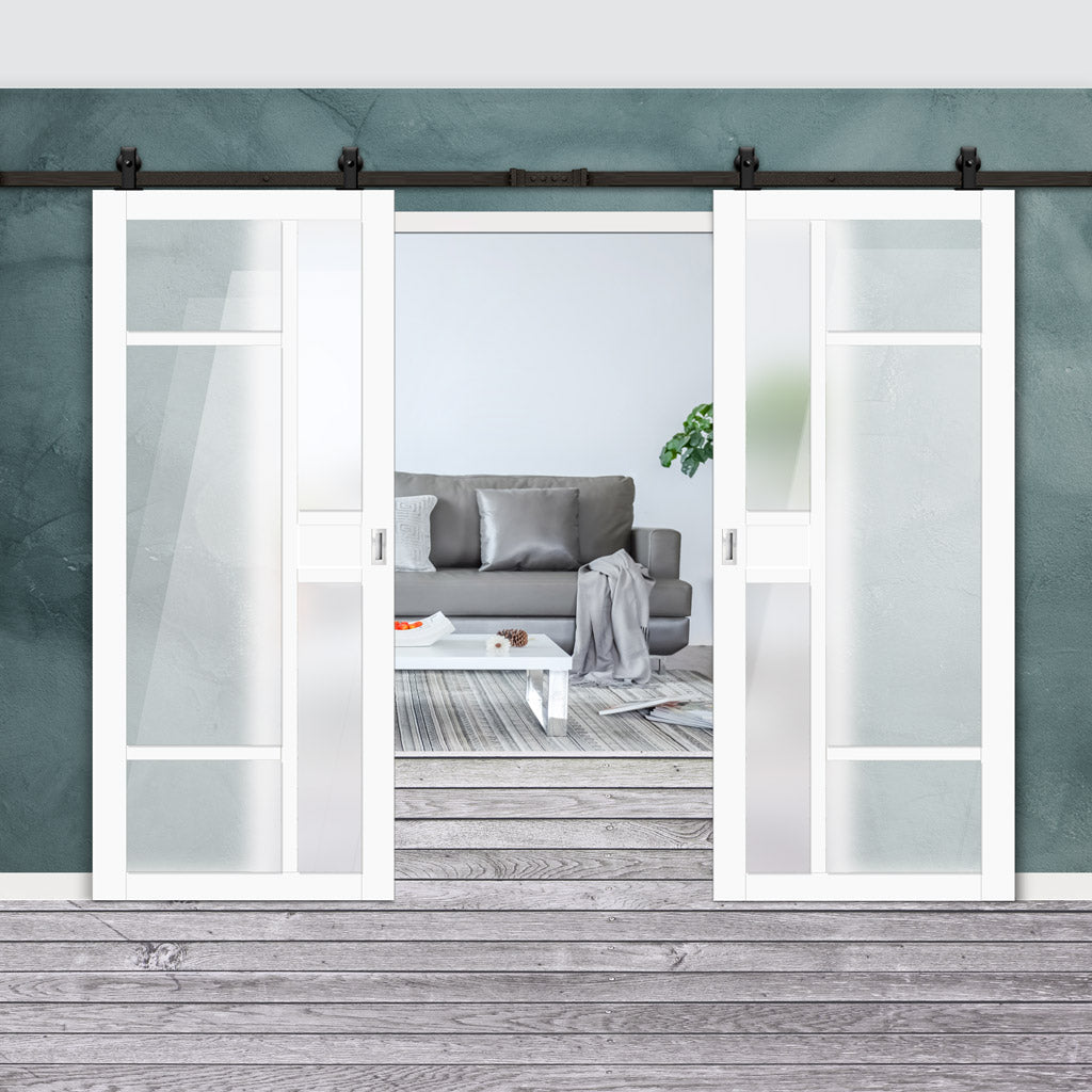 Top Mounted Black Sliding Track & Solid Wood Double Doors - Eco-Urban® Jura 5 Pane 1 Panel Doors DD6431SG Frosted Glass - Cloud White Premium Primed