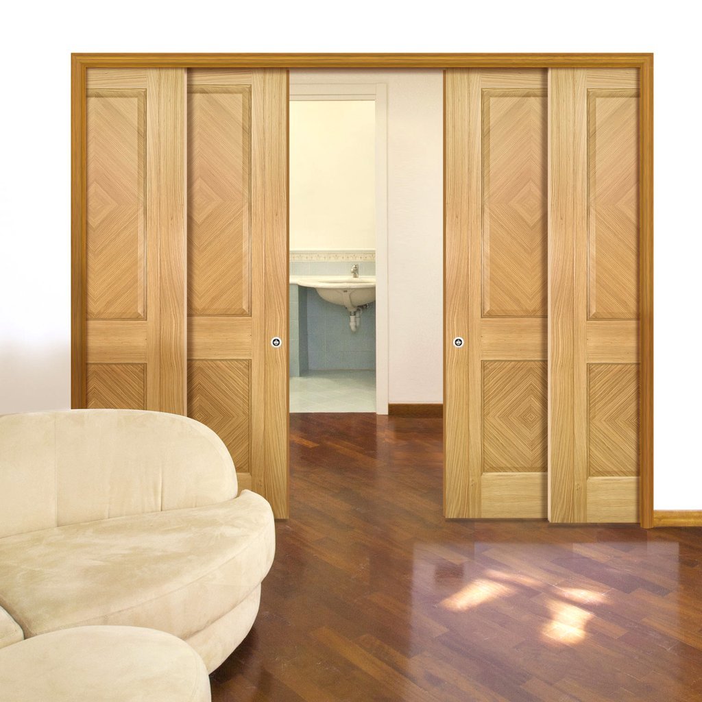 Kensington Oak Panel Staffetta Quad Telescopic Pocket Doors - Prefinished