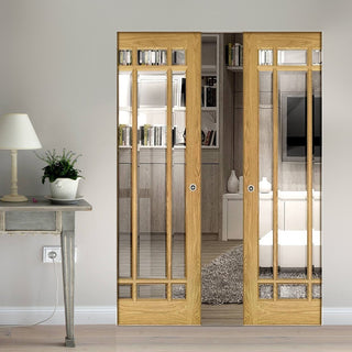 Image: Kerry Oak Absolute Evokit Double Pocket Doors - Bevelled Clear Glass - Unfinished