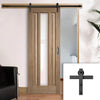 Single Sliding Door & Black Barn Track - Kilburn 1 Pane Oak Door - Clear Glass - Unfinished