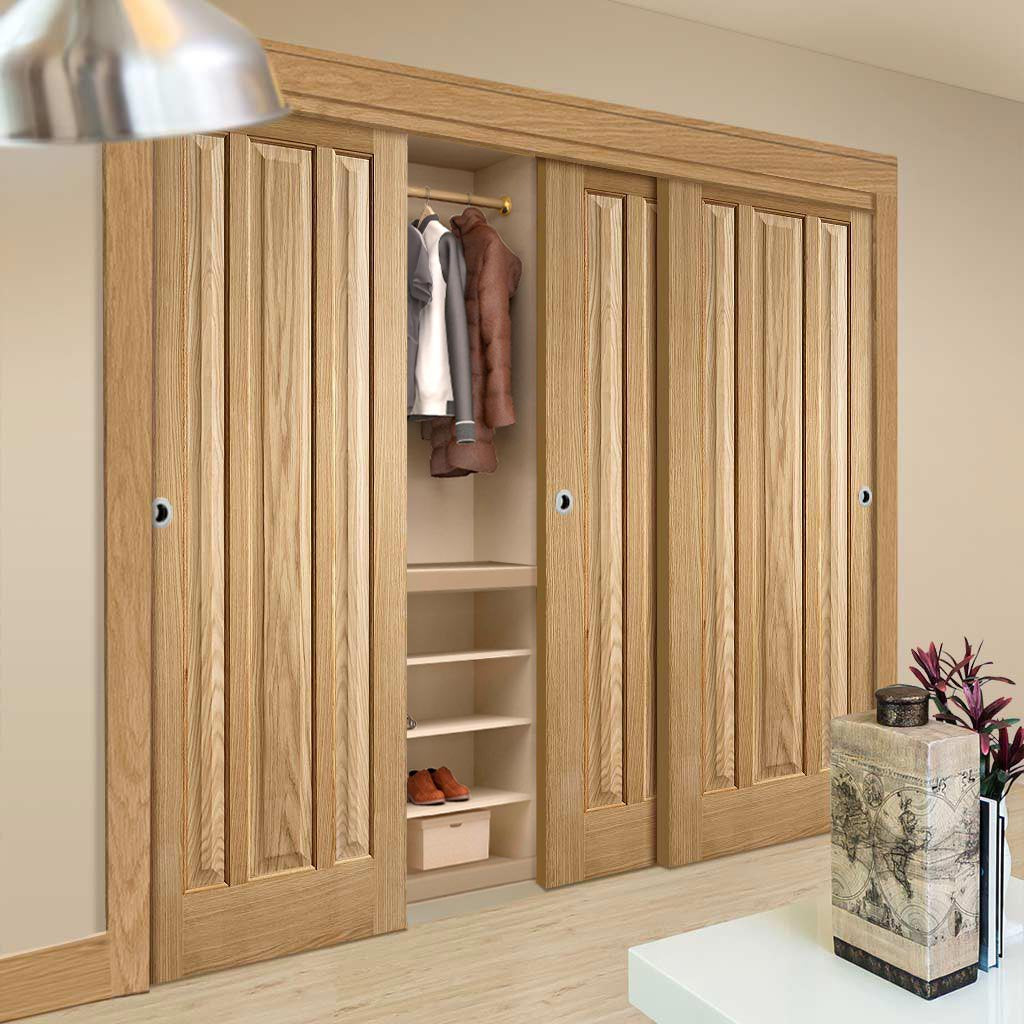 Three Sliding Wardrobe Doors & Frame Kit - Kilburn 3 Panel Oak Door - Unfinished