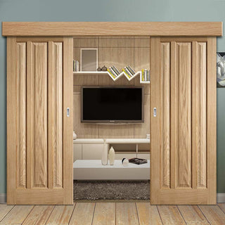 Image: Double Sliding Door & Wall Track - Kilburn 3 Panel Oak Doors - Unfinished