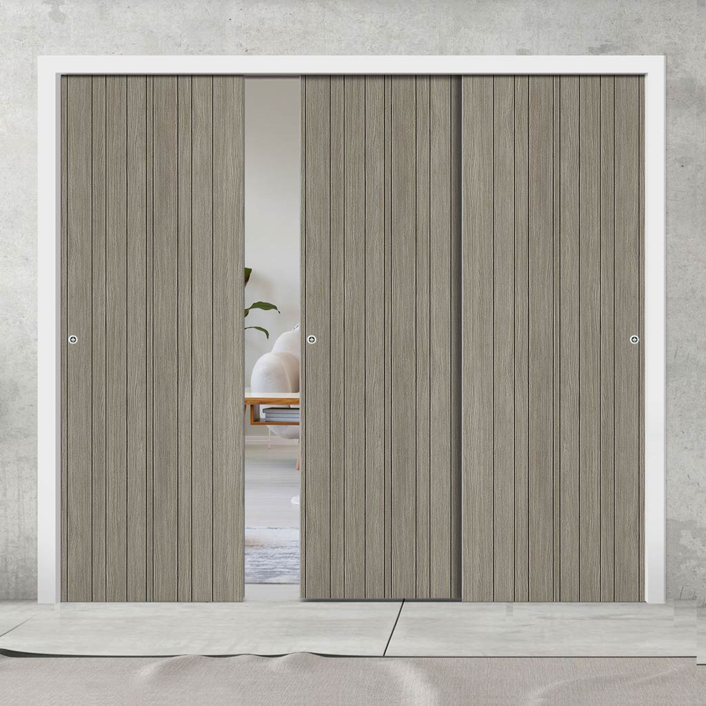 Pass-Easi Three Sliding Doors and Frame Kit - Laminate Montreal Light Grey Door - Prefinished