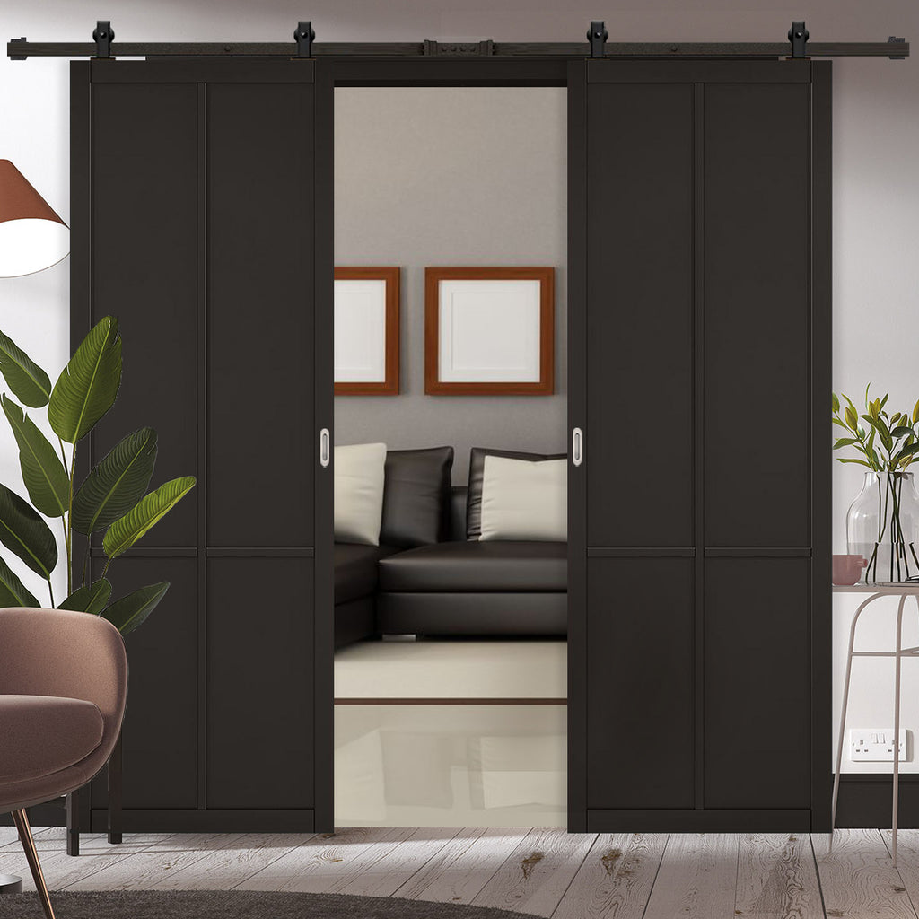 Top Mounted Black Sliding Track & Double Door - Liberty 4 Panel Black Painted Doors - Prefinished