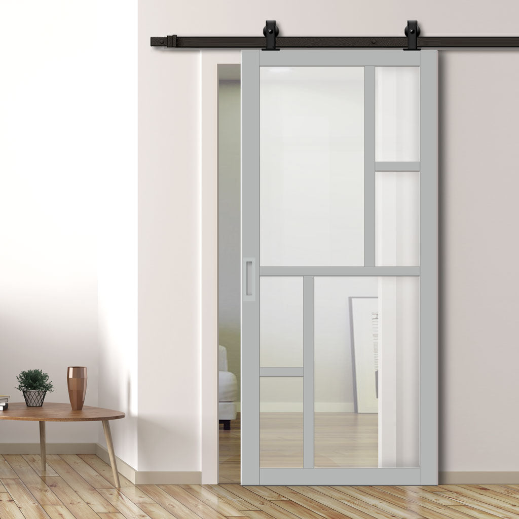 Top Mounted Black Sliding Track & Solid Wood Door - Eco-Urban® Cairo 6 Pane Solid Wood Door DD6419SG Frosted Glass - Mist Grey Premium Primed