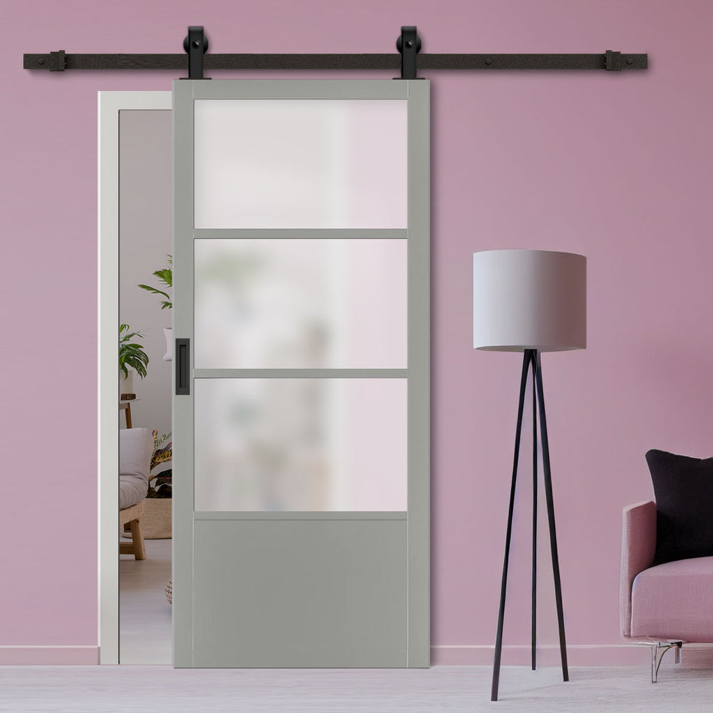 Top Mounted Black Sliding Track & Solid Wood Door - Eco-Urban® Staten 3 Pane 1 Panel Solid Wood Door DD6310SG - Frosted Glass - Mist Grey Premium Primed