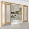 Four Folding Doors & Frame Kit - Lincoln 3 Pane Oak 2+2 - Frosted Glass - Unfinished