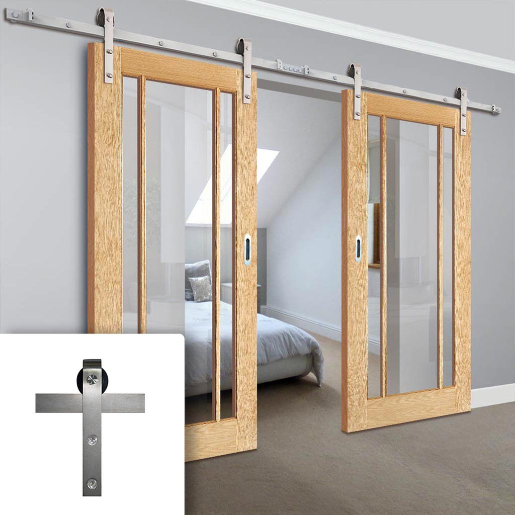 Double Sliding Door & Stainless Steel Barn Track - Lincoln 3 Pane Oak Doors - Clear Glass - Unfinished