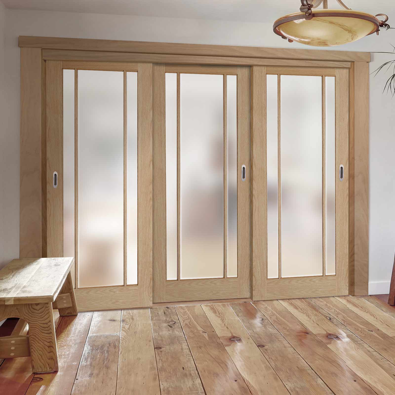 Pass-Easi Three Sliding Doors and Frame Kit - Lincoln Glazed Oak Door