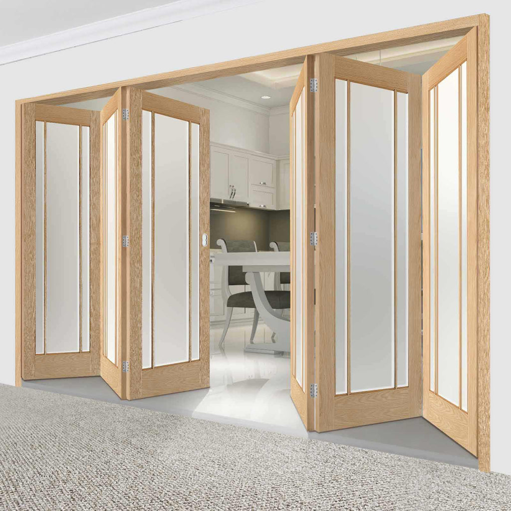 Six Folding Doors & Frame Kit - Lincoln 3 Pane Oak 3+3 - Frosted Glass - Unfinished