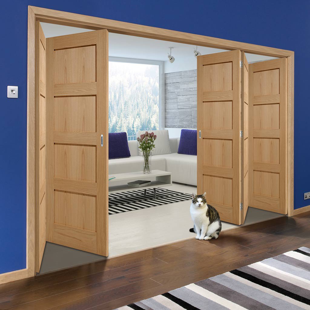 Five Folding Doors & Frame Kit - Contemporary 4 Panel Oak 3+2 - Unfinished