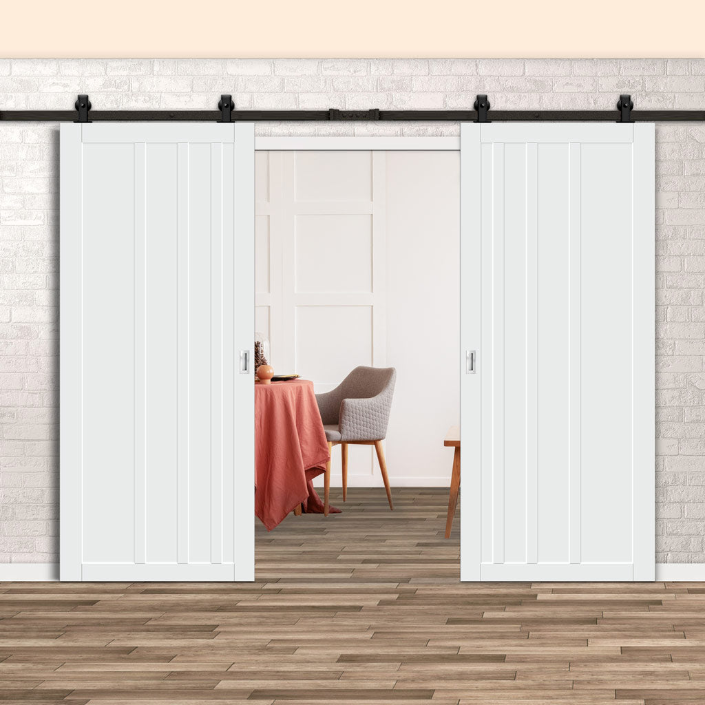 Top Mounted Black Sliding Track & Solid Wood Double Doors - Eco-Urban® Malmo 4 Panel Doors DD6401 - Cloud White Premium Primed