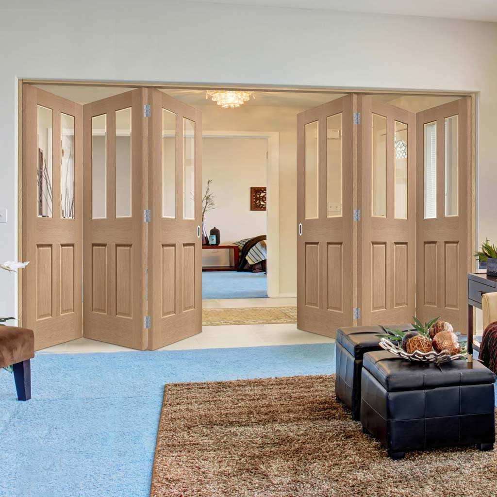 Six Folding Doors & Frame Kit - Malton Oak 3+3 - No Raised Mouldings - Bevelled Clear Glass - Prefinished