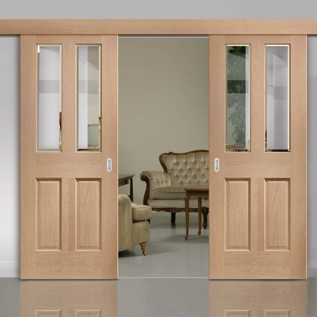 Double Sliding Door & Wall Track - Malton Oak Doors - Bevelled Clear Glass - Prefinished