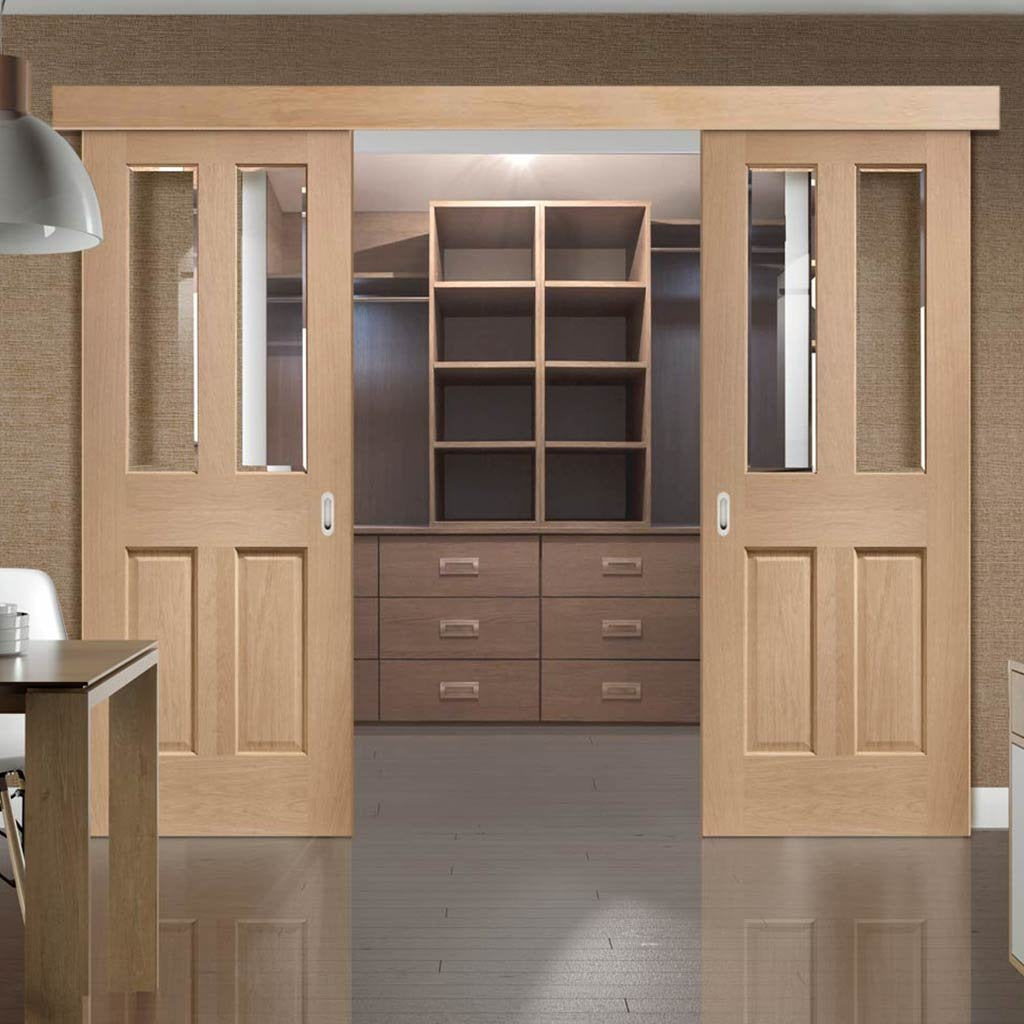 Double Sliding Door & Wall Track - Malton Oak Doors - Bevelled Clear Glass - Unfinished