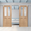 Double Sliding Door & Stainless Steel Barn Track - Malton Oak Door - No Raised Mouldings - Bevelled Clear Glass - Prefinished