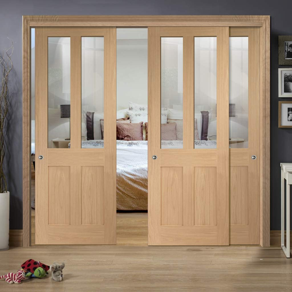 Bespoke Thruslide Malton Oak Shaker 2L Glazed - 3 Sliding Doors and Frame Kit