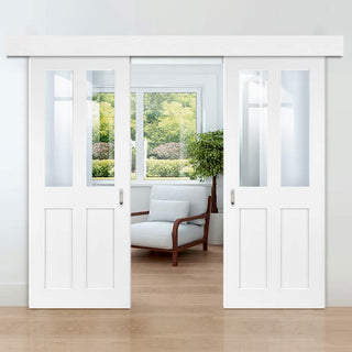 Image: Double Sliding Door & Wall Track - Malton Shaker Doors - Clear Glass - White Primed