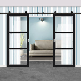 Image: Top Mounted Black Sliding Track & Solid Wood Double Doors - Eco-Urban® Manchester 3 Pane Doors DD6306G - Clear Glass - Shadow Black Premium Primed