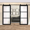 Top Mounted Black Sliding Track & Solid Wood Double Doors - Eco-Urban® Manchester 3 Pane Doors DD6306SG - Frosted Glass - Shadow Black Premium Primed