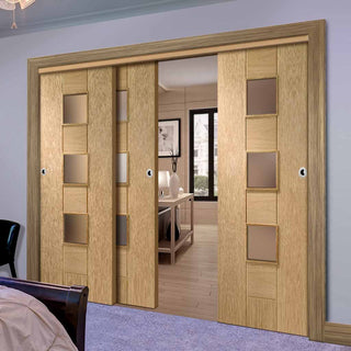 Image: Bespoke Thruslide Messina Oak Glazed - 3 Sliding Doors and Frame Kit